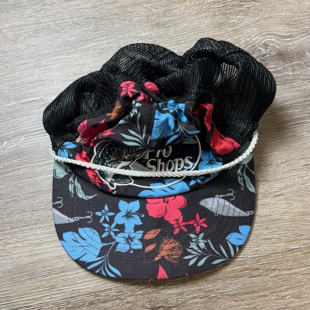 Bass Pro Shops Trucker Hat Unisex OSFM Black Floral Fishing Rope Cap Distressed - Picture 7 of 9